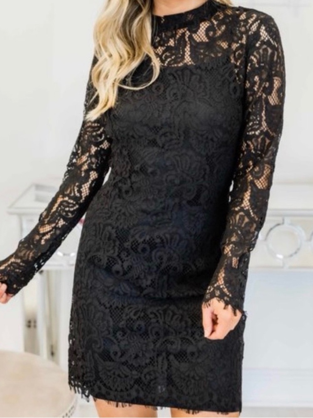 Pink Lily Black Lace Long Sleeve Sheath Dress